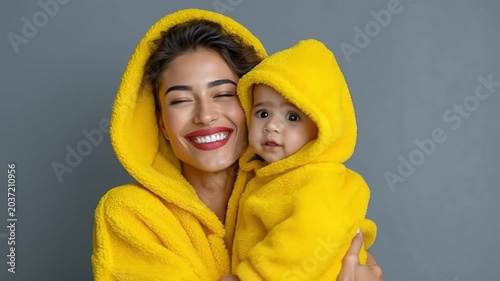Tender moment of a mother hugging her baby while both are wearing matching yellow hooded sweaters