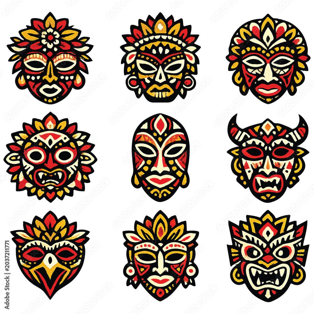Fototapeta premium Ethnic Tribal Mask Ornamental Vector Set Tribal Face Motifs with Floral Geometric Patterns, Bold High-Contrast Isolated Clipart, Clean Flat Design System, Abstract Cultural Icons