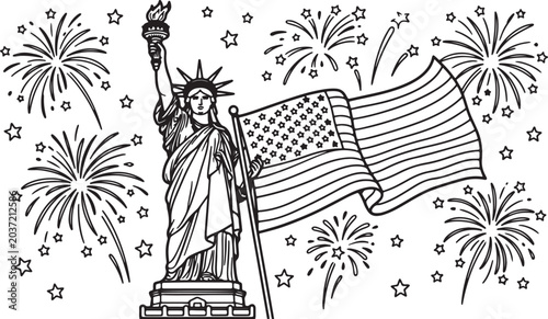 фотографія Statue of liberty with fireworks line art illustration