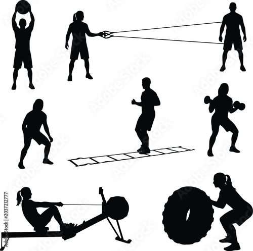 Fotografía Fitness training silhouettes isolated on white, functional workout exercises and