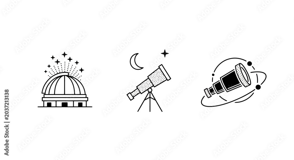Fototapeta premium Illustrated Astronomy Icons with Telescope and Observatory.