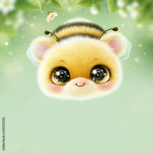 Cute Fluffy Cartoon Honey Bee with Big Sparkling Eyes