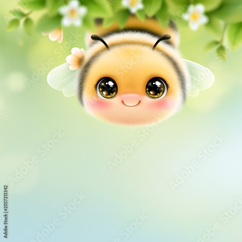 Cute Fluffy Cartoon Honey Bee with Big Sparkling Eyes