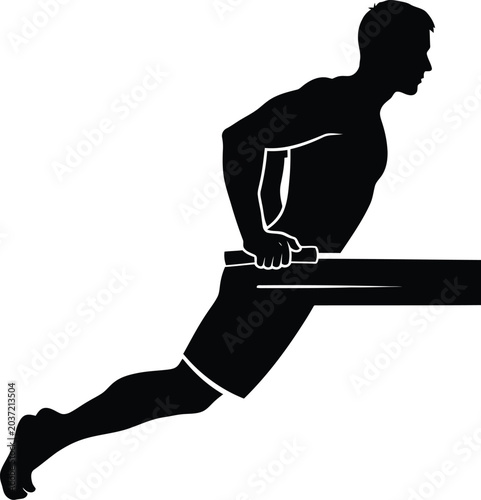 Tableau sur toile Black Silhouette of Man Doing Dips Exercise on Parallel Bars for Fitness and Str