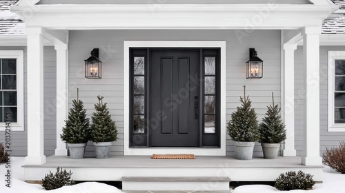 Elegant dark gray front door with sidelights and potted evergreen trees in winter snow
