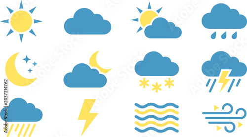 Collection of various weather icons in blue and yellow colors