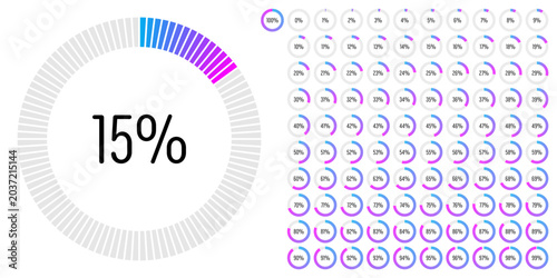 Set of circle percentage progress bar diagrams meters from 0 to 100 ready-to-use for web design, user interface UI or infographic - indicator with gradient from cyan blue to magenta hot pink