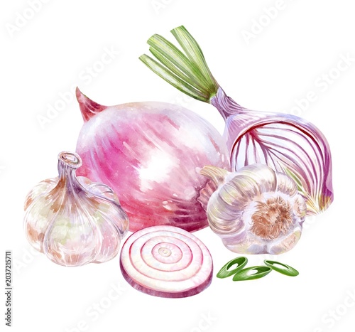 Foto Vegetable watercolor composition with red onion and garlic Fresh garden ingredie