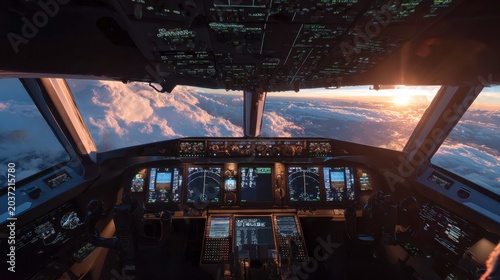 Captivating View from Aircraft Cockpit During Sunset Above Clouds