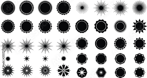 Large collection of black vector seal stamps sunburst shapes and decorative circular frames for certificate designs warranty labels and vintage logo creation.