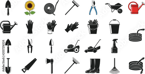 Large Vector Collection of Gardening Tool Icons and Equipment Symbols Including Shovel Rake Lawn Mower Watering Can and Rubber Boots for Landscaping Design