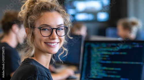 Young Woman with Glasses Smiling in Tech Workspace