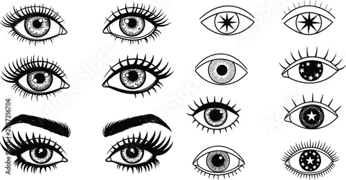 Vector set of mystical and realistic eye illustrations featuring hand drawn celestial pupils and decorative lashes for occult, beauty, and esoteric design themes.