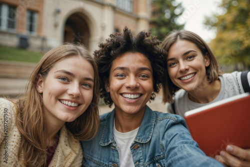 Three smiling friends pose together near a university building. They embrace joy and camaraderie in casual, youthful attire. One holds a red notebook, hinting at study or group work