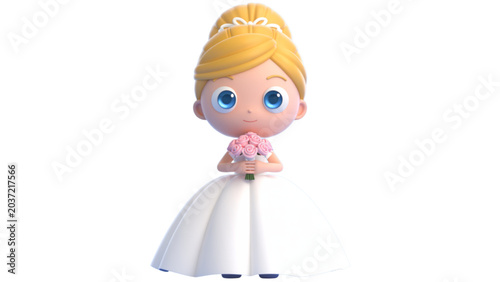 Photos Cute cartoon blonde princess doll in wedding dress standing with bouquet Vector
