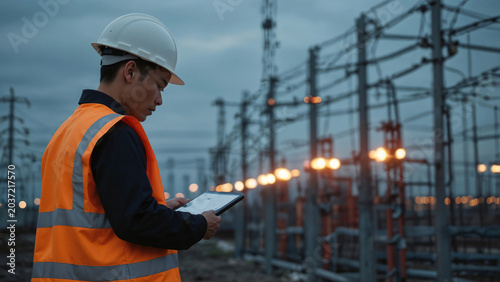 Asian male engineer in safety hard hat, orange reflective vest, works at electrical power substation