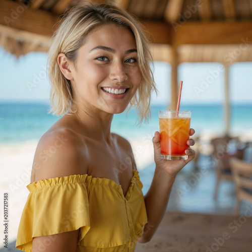 Portrait of happy Asian woman in yellow dress with orange drink at beach bar. Asian beautiful woman lady smiles holding cocktail, ocean waves behind her