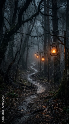 Spooky halloween mobile wallpaper dark forest path with lanterns