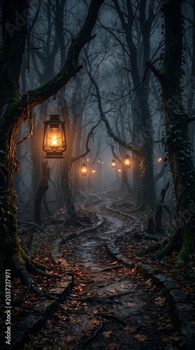 Spooky halloween forest path with lanterns mobile wallpaper