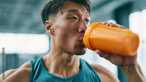 Fit Asian man drinking from an orange shaker bottle after a workout