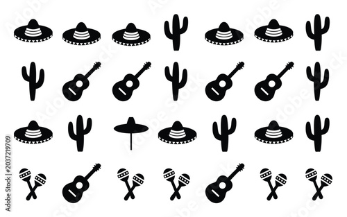 Canvas-taulu Minimalist icon set showcasing sombreros guitars cacti and maracas for festive designs