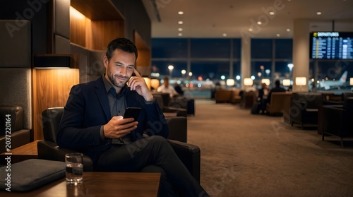 A professional man sits in an airport lounge using a smartphone at night.