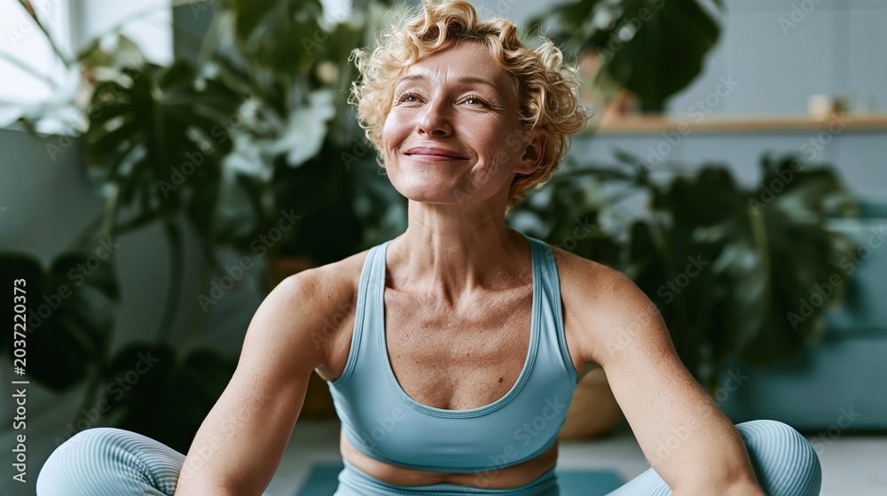 Fototapeta premium Mature woman with curly blonde hair smiling peacefully during yoga session at home
