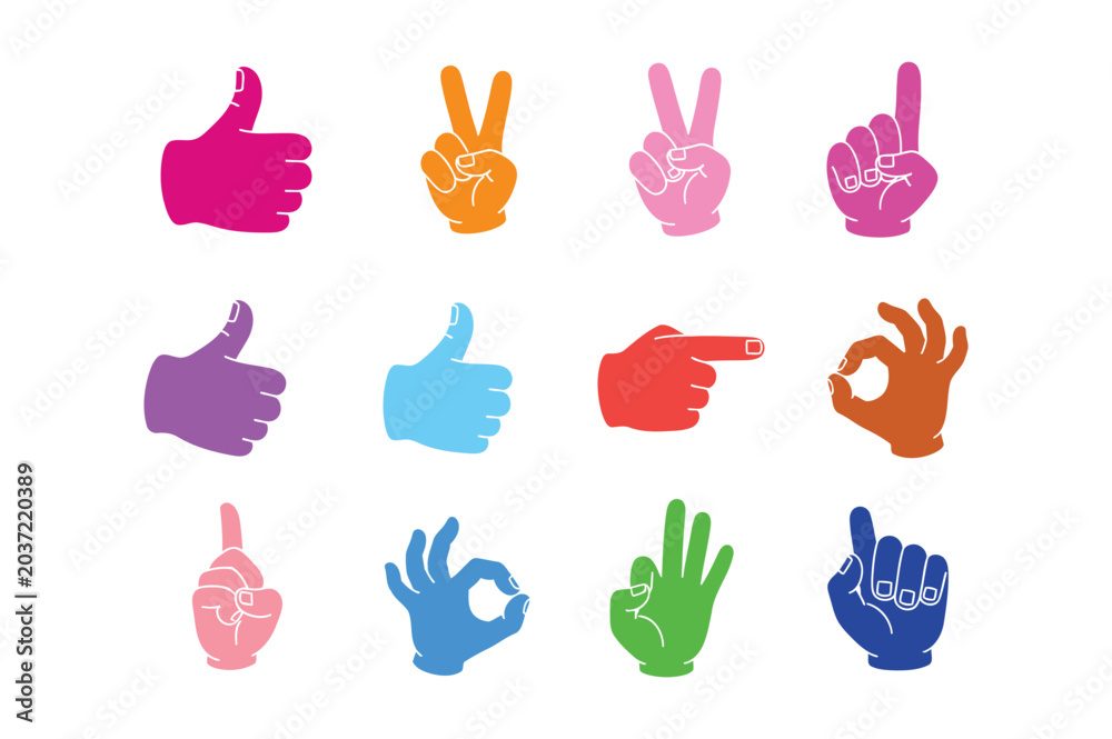 Fototapeta premium Collection of Hand Gestures: A vibrant array of colorful hand gestures, including thumbs up, peace signs, and pointing fingers, arranged in a grid for diverse communication and approval.