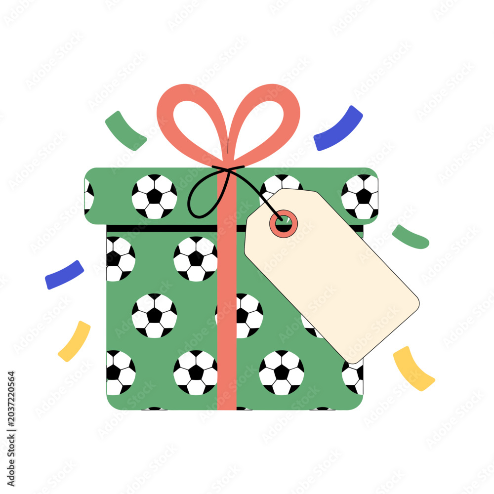 Fototapeta premium Green Gift Box with Soccer Ball Pattern and Blank Present Tag
