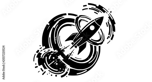 Obraz na płótnie Stylized black silhouette rocket ascending through abstract energy rings vector