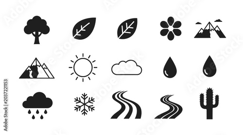 Collection of nature weather landscape elements icons with landscape environment mountain snowflake