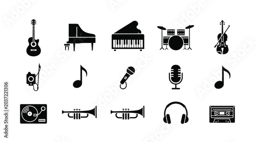 Music and musical instrument icon set with audio equipment and sound symbols silhouettes instrument cassette