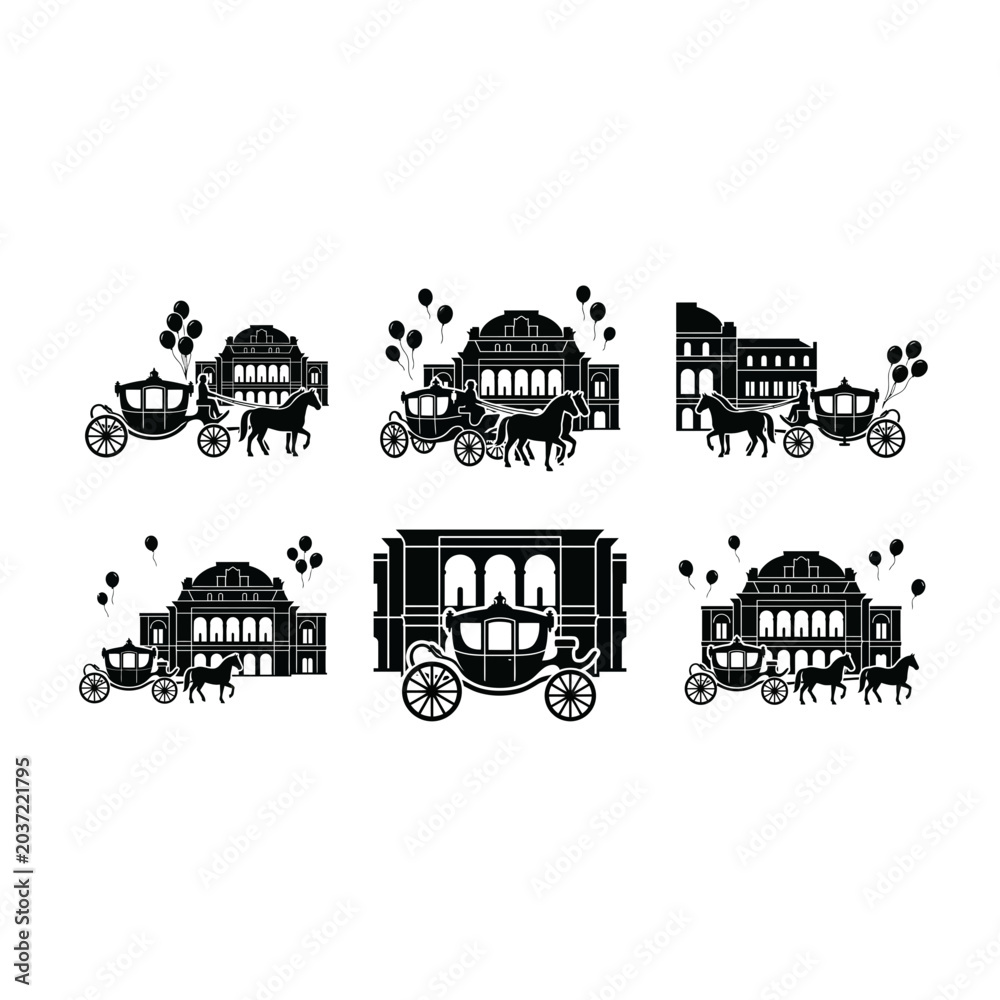 Naklejka premium 6 Horse-drawn carriage silhouette icons, vintage vehicle set, solid black style, transportation
