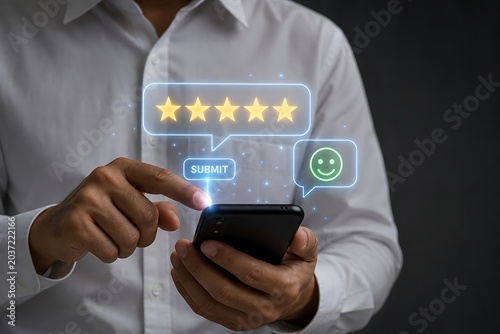 Man submitting a five-star rating on his smartphone with a satisfied expression