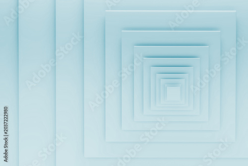 Clean blue concentric squares recede in perfect recursive tunnel, creating soft depth, luminous symmetry edges. Abstract geometric minimal background. For modern tech interface, minimalist websites.