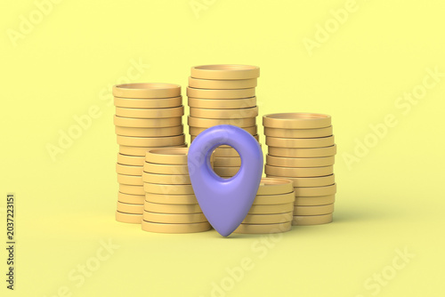 Financial investment location concept. Regional wealth. Capital placement in a specific area. Money destination. Geography of successful business. Stack of coins near gps sign. 3d render