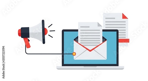 A person uses a laptop to send an email announcement through a megaphone to spread information.