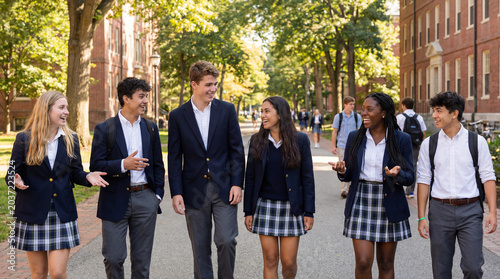 Diverse students in school uniforms walking and talking on a high school campus pathway, enjoying education and friendship outdoors