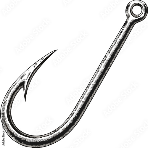  a single fishing hook with a sharp barbed point and an eye (loop) at the top for attaching fishing line.