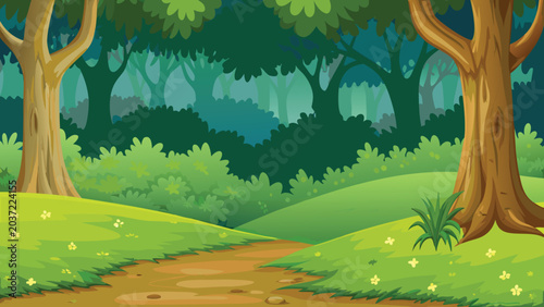 Photos Cartoon style forest scene with green foliage and dirt path