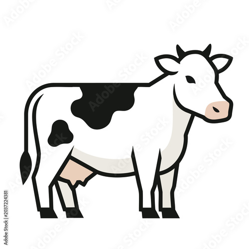 Simple vector illustration of a black and white dairy cow standing on white background.