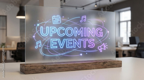 Upcoming events neon sign displaying a calendar, music notes, and megaphone, symbolizing planning and marketing