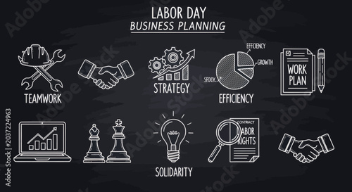 Comprehensive collection of linear business planning and labor concepts represented by chalk-style icons on a dark background for strategic development