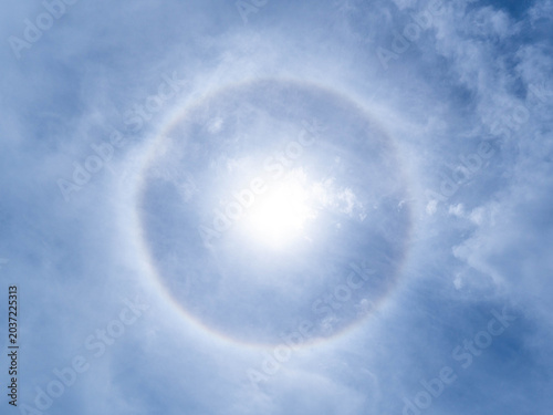 日暈 ハロ 太陽の周りに虹色の光の輪が出る 