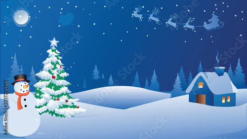 Tablou pe pânză Winter wonderland scene with snow covered house and santa s sleigh