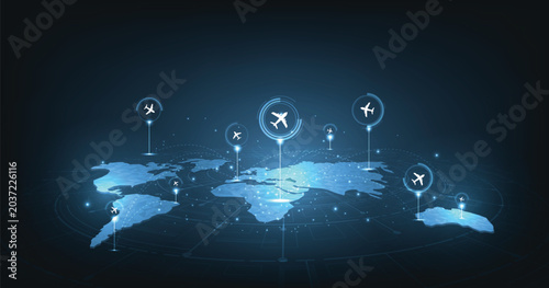 Airplane flies glowing 3D world map with interconnected travel routes. Represents global air travel, aviation logistics, and international connectivity in a digital tech style.
