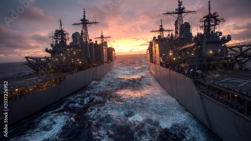 Naval Ships at Sunset in the Ocean with Vibrant Cloudy Sky