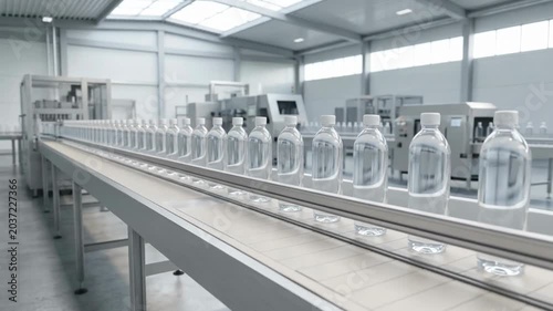 Modern manufacturing facility with assembly line showcasing transparent water bottles being processed, bright and clean environment