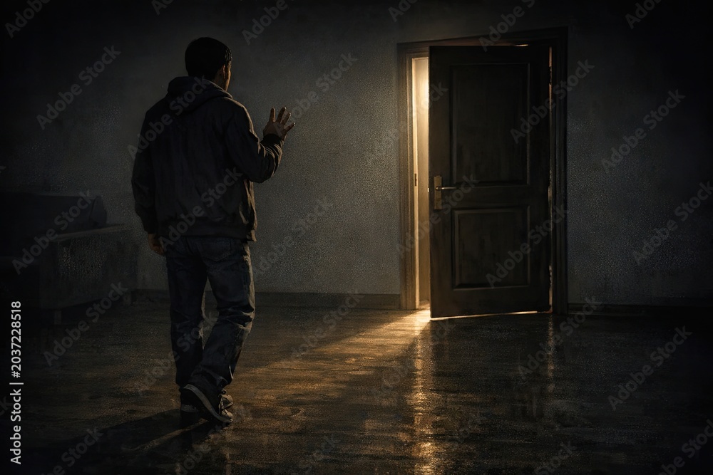 Fototapeta premium A person standing outside an open door, possibly hesitating or unsure about entering