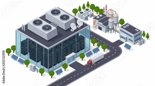 Foto Modern industrial complex with data center and solar panels.